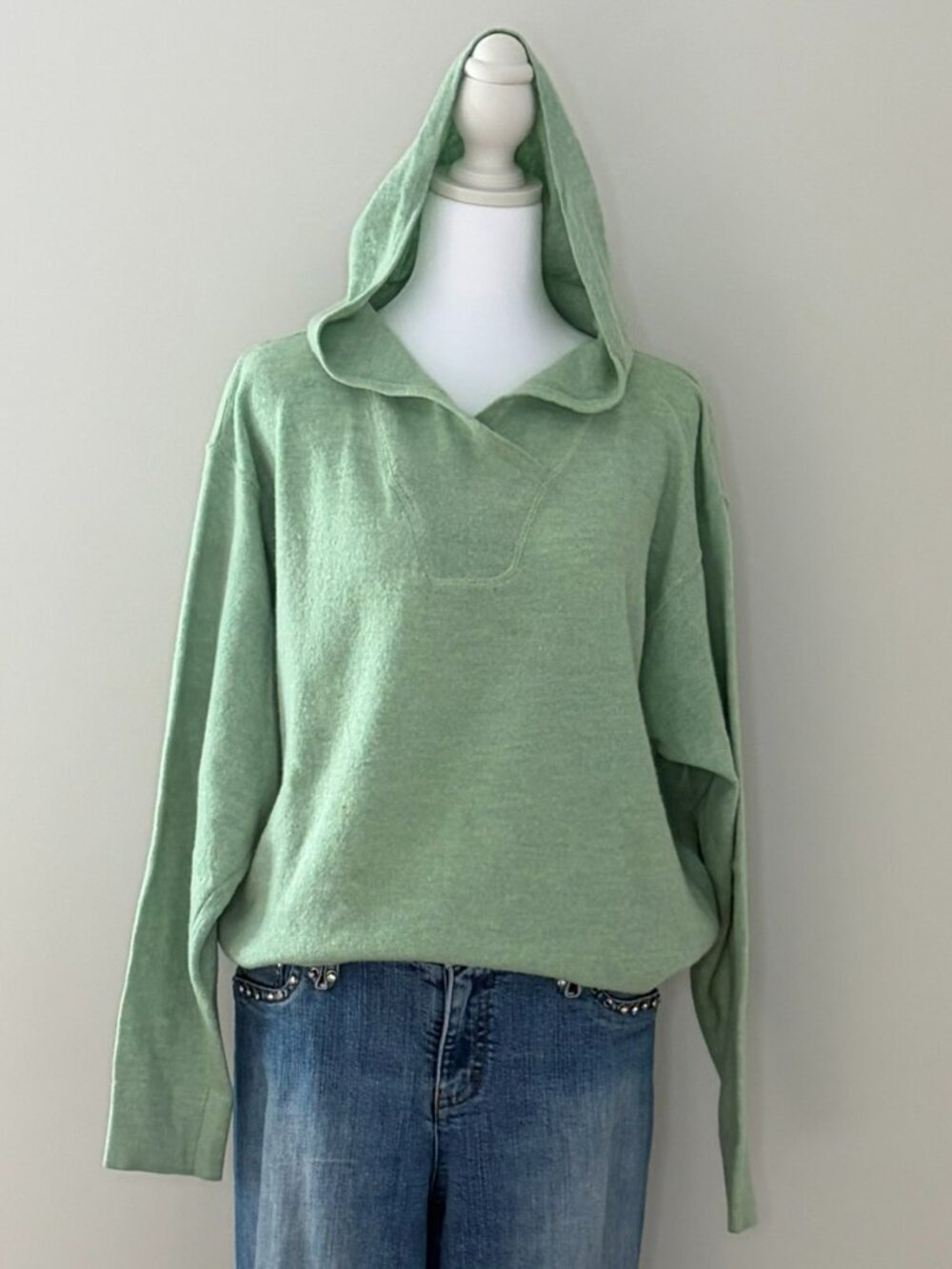 Vintage Esprit Lambswool Hooded Sweater M Sage Seafoam Green Crossover Neck